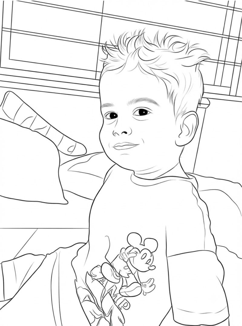 Cozy bedtime photo turned into a coloring page — the original photo